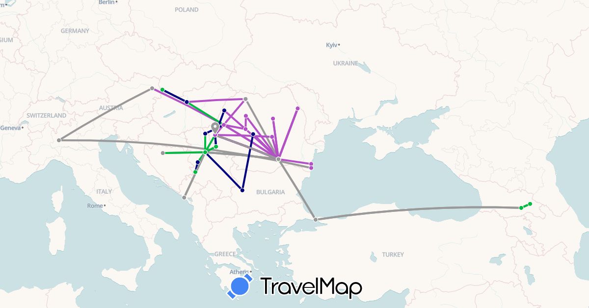 TravelMap itinerary: driving, bus, plane, train in Austria, Bosnia and Herzegovina, Bulgaria, Georgia, Hungary, Italy, Montenegro, Romania, Serbia, Slovakia, Turkey (Asia, Europe)